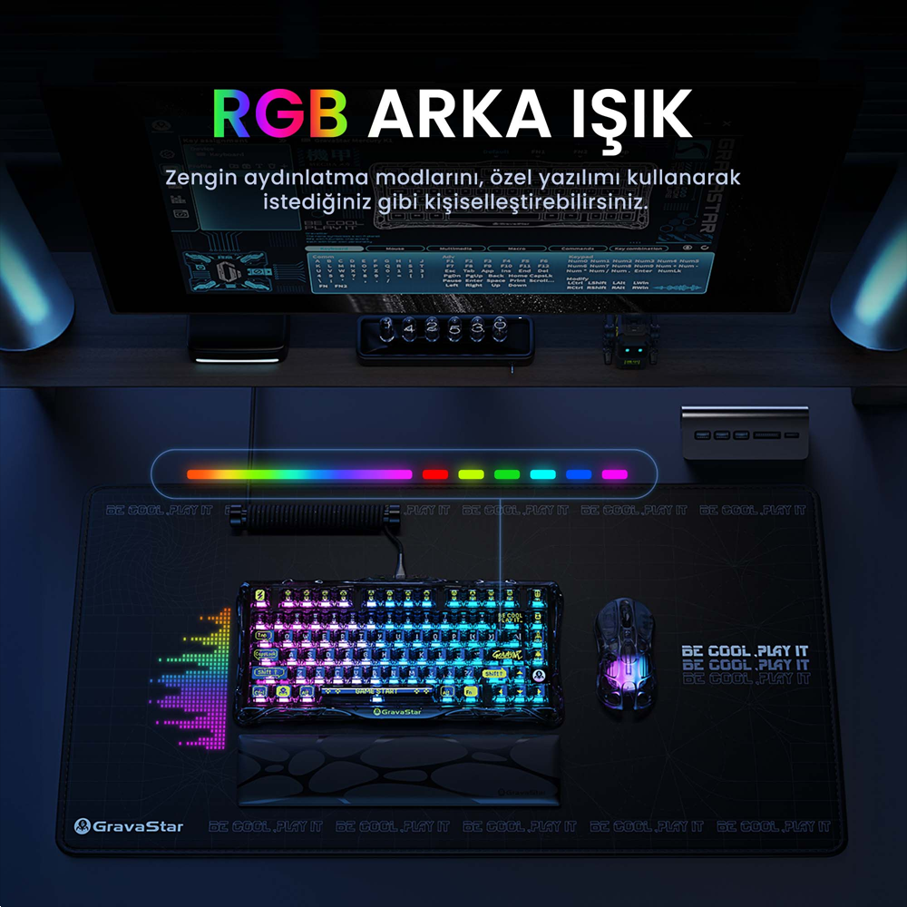 GravaStar Mercury K1 Lite RGB Linear Key Switch İngilizce Q Siyah Şeffaf Kablosuz Gaming Klavye