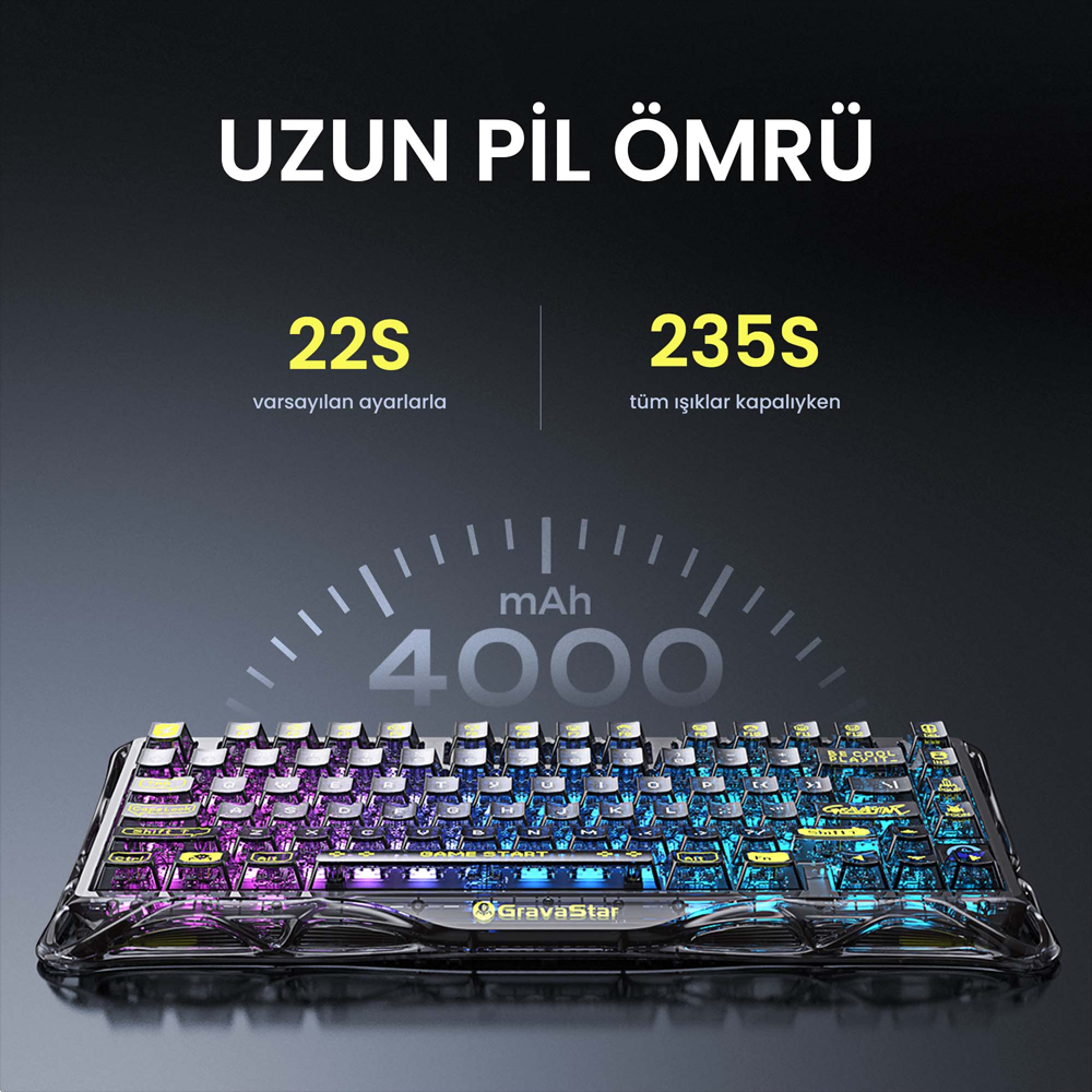 GravaStar Mercury K1 Lite RGB Linear Key Switch İngilizce Q Siyah Şeffaf Kablosuz Gaming Klavye