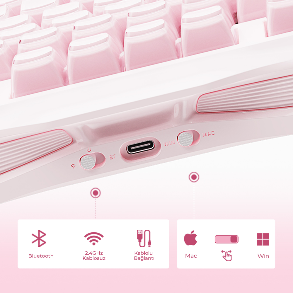 GravaStar Mercury K1 RGB Linear Key Switch İngilizce Q Sakura Pink Kablosuz Gaming Klavye