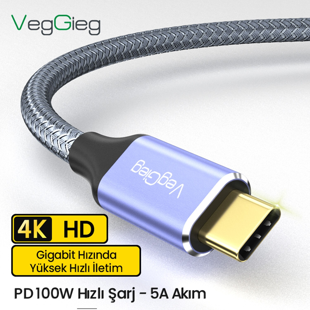 VegGieg USB 3.1 Type-C PD 100W 5A 10Gbps 4K 60Hz Destekli Kablo 2 Metre
