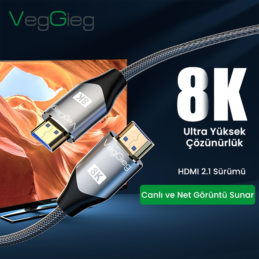VegGieg 8K 60Hz 4K 120Hz 48 Gbps HDR ARC HDCP Örgülü HDMI 2.1 Kablo 5 Metre