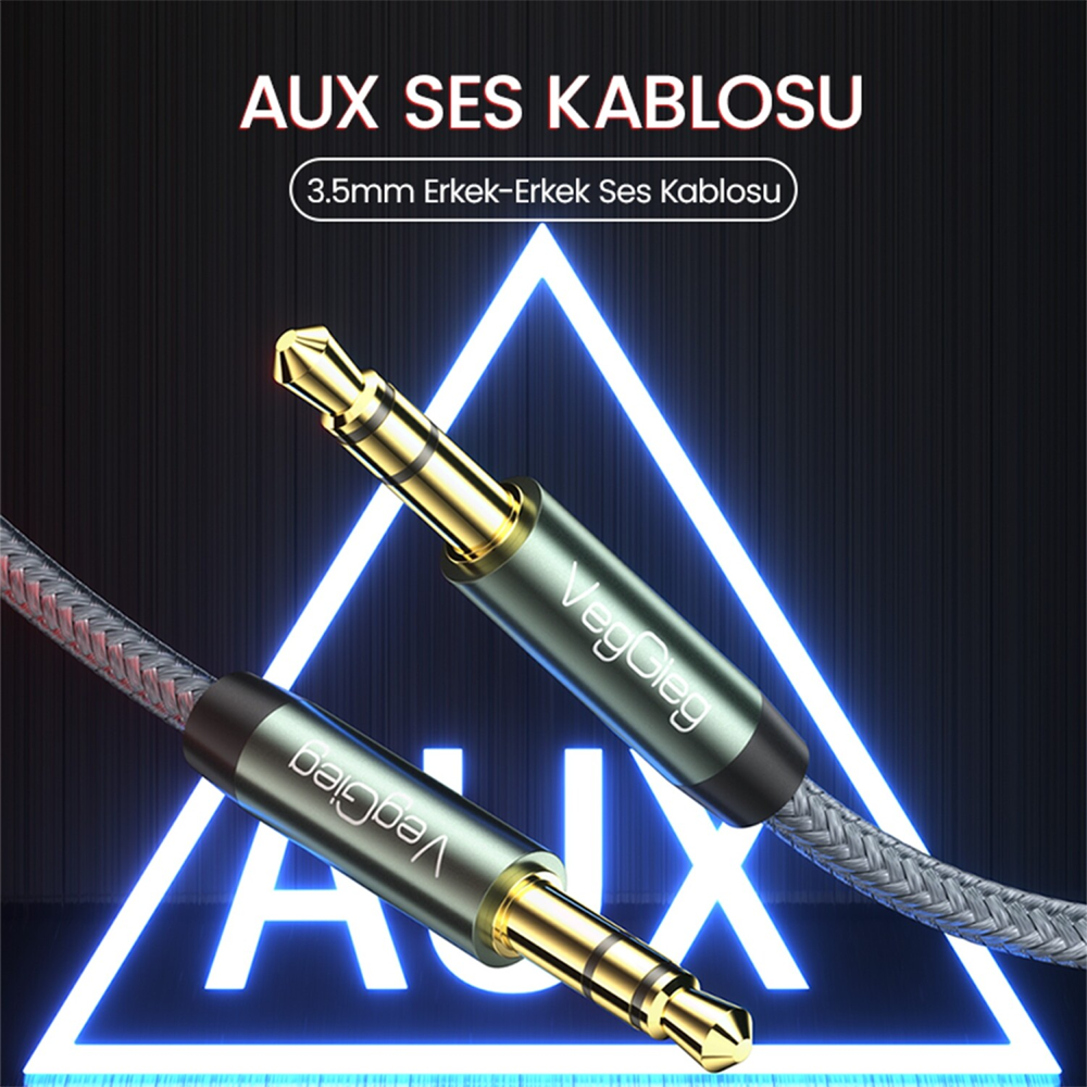 VegGieg 3.5mm Jack TRS Hi-Fi Örgülü AUX Ses Kablosu 2 Metre