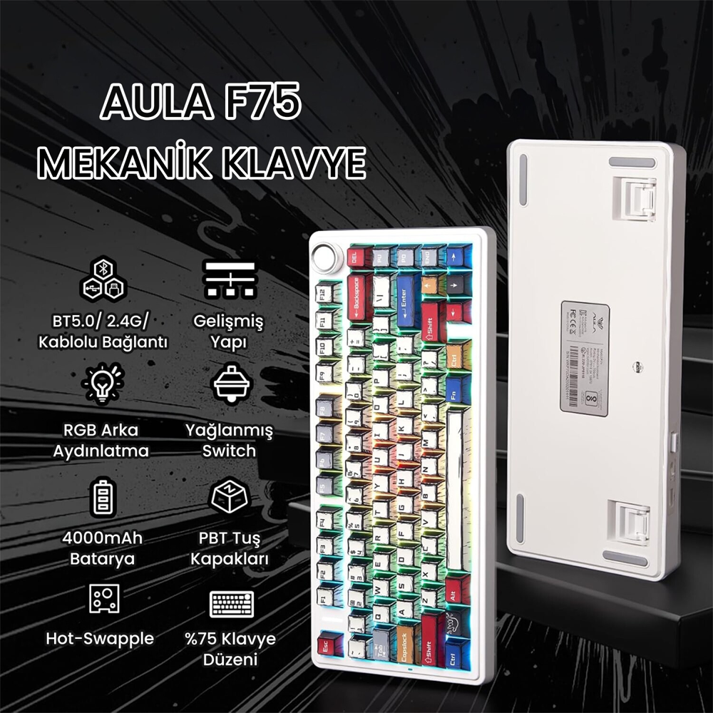 Aula F75 RGB Hot Swap Mekanik TKL Reaper Switch Comic Kablosuz Gaming Klavye