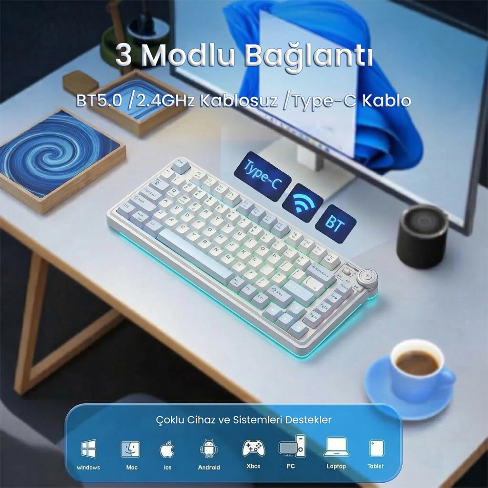 Aula AU75 3 Modlu RGB Mekanik TKL Star Vector Switch Lacivert Kablosuz ...