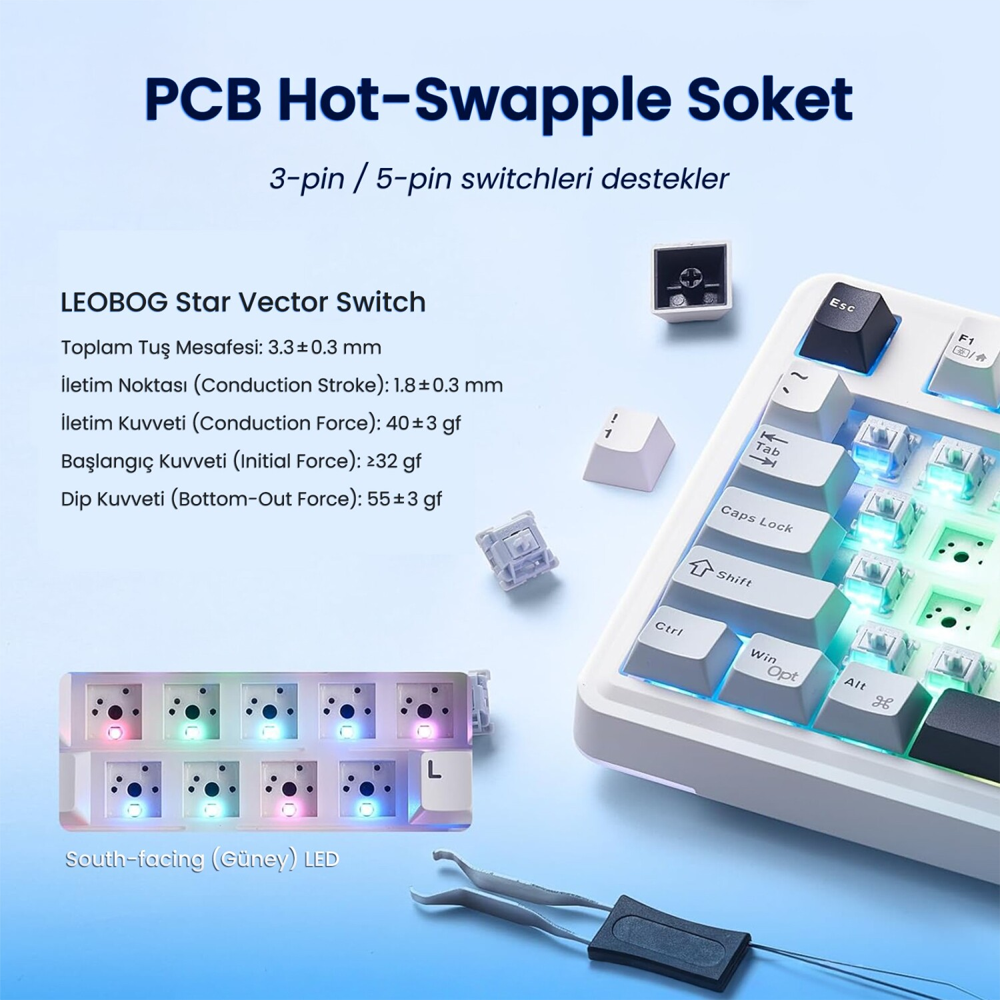 Aula AU75 3 Modlu RGB Mekanik TKL Star Vector Switch Buz Mavisi ...