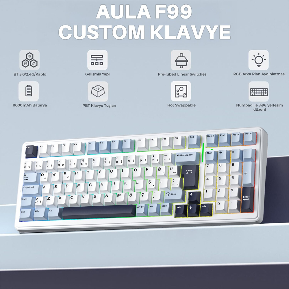 Aula F99 GrayWood V4 Switch Hot Swap RGB Lacivert Kablosuz Mekanik Gaming Klavye