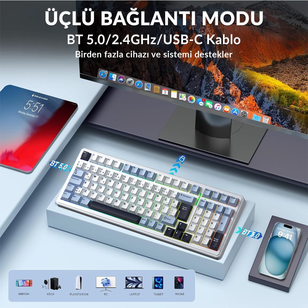 Aula F99 GrayWood V4 Switch Hot Swap RGB Lacivert Kablosuz Mekanik Gaming Klavye