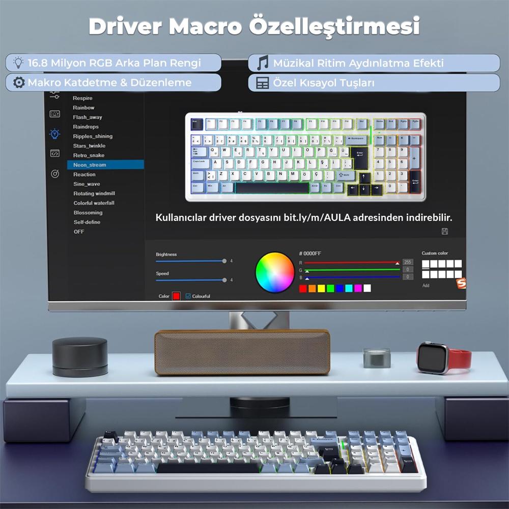 Aula F99 GrayWood V4 Switch Hot Swap RGB Lacivert Kablosuz Mekanik Gaming Klavye