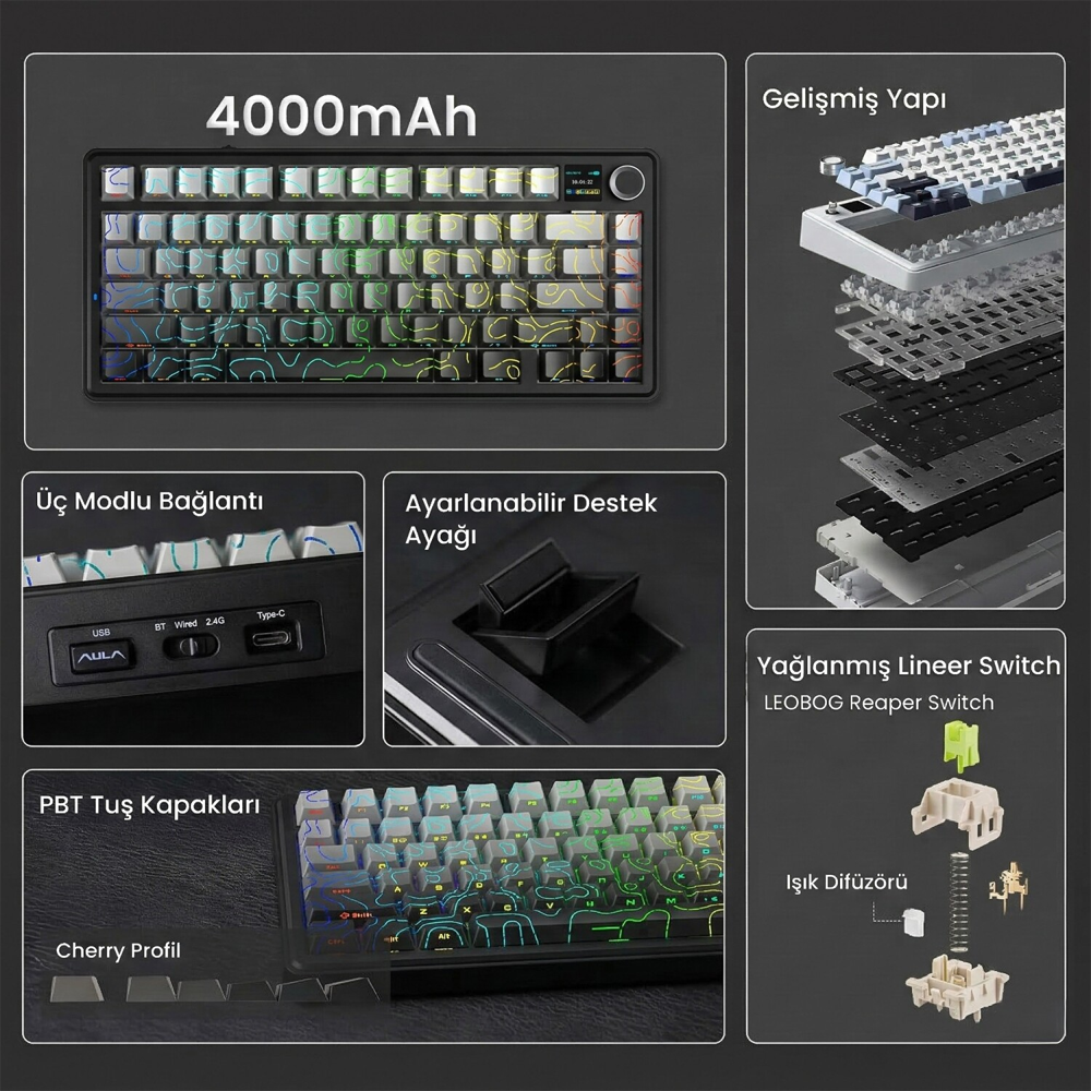 Aula F75 Max RGB Hot Swap Mekanik TKL Reaper Switch Siyah Kablosuz Gaming Klavye