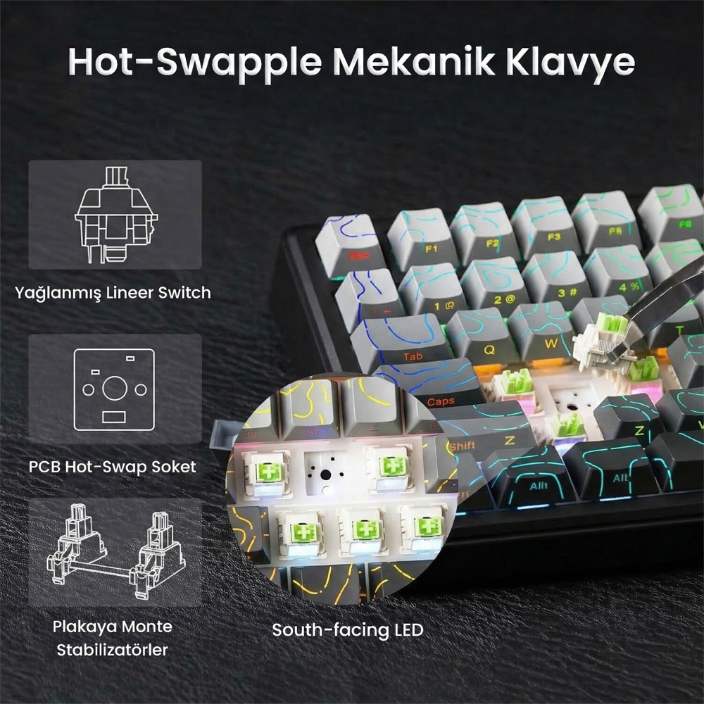 Aula F75 Max RGB Hot Swap Mekanik TKL Reaper Switch Siyah Kablosuz Gaming Klavye
