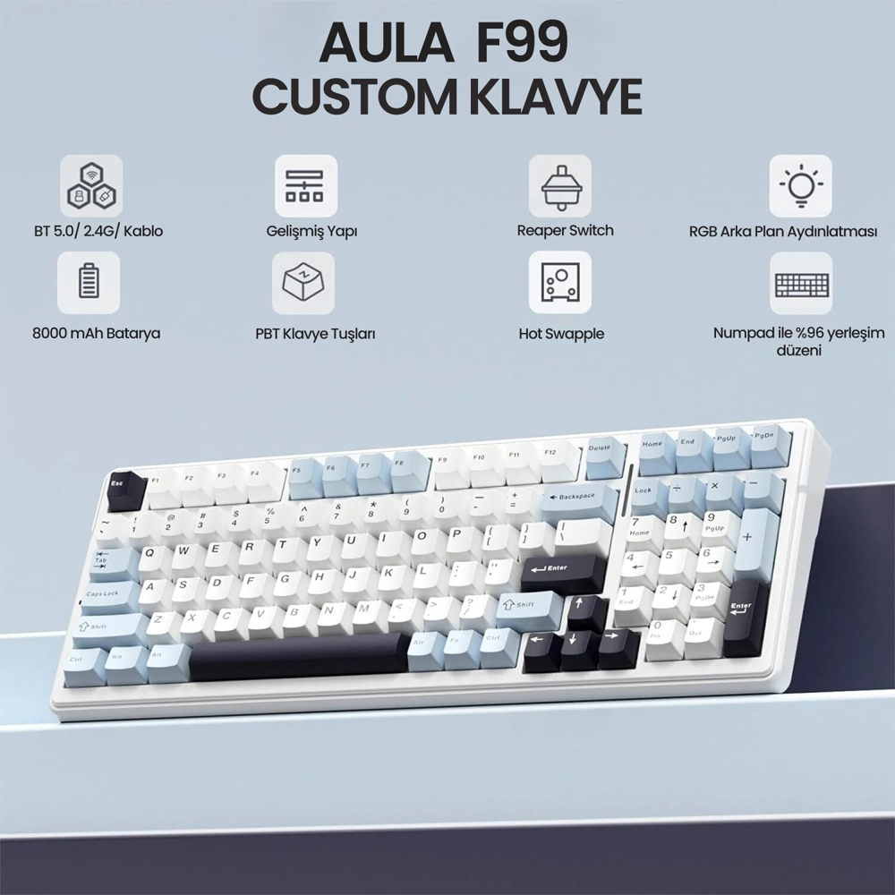 Aula F99 Reaper Switch Hot Swap RGB Lacivert Kablosuz Mekanik Gaming Klavye
