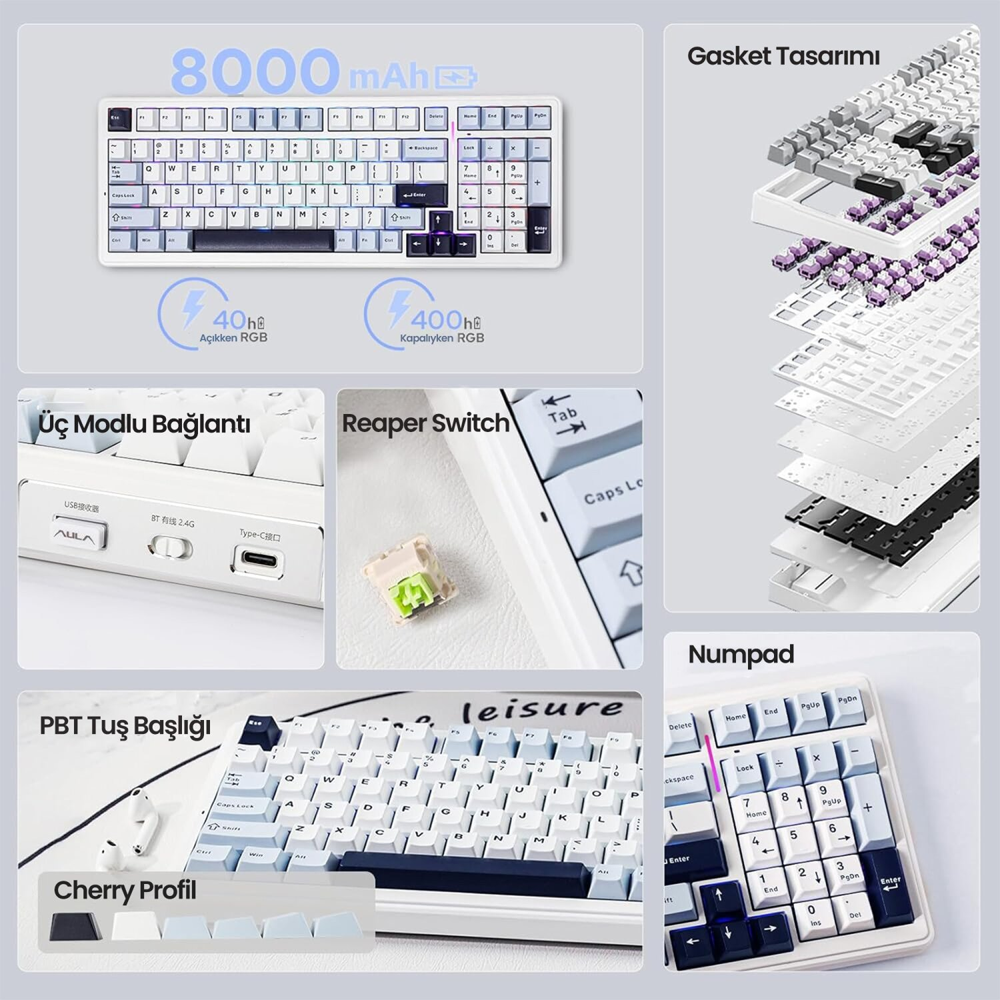 Aula F99 Reaper Switch Hot Swap RGB Lacivert Kablosuz Mekanik Gaming Klavye