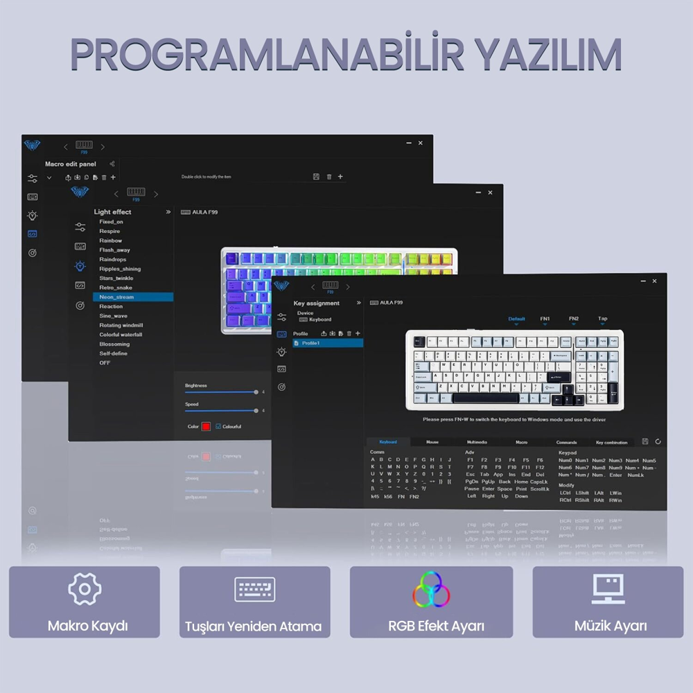 Aula F99 Reaper Switch Hot Swap RGB Lacivert Kablosuz Mekanik Gaming Klavye