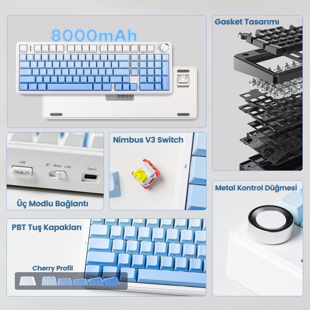 Aula F99 Pro 3 Modlu Nimbus V3 Switch RGB Hot Swap Gradyan Mavi Mekanik Kablosuz Gaming Klavye