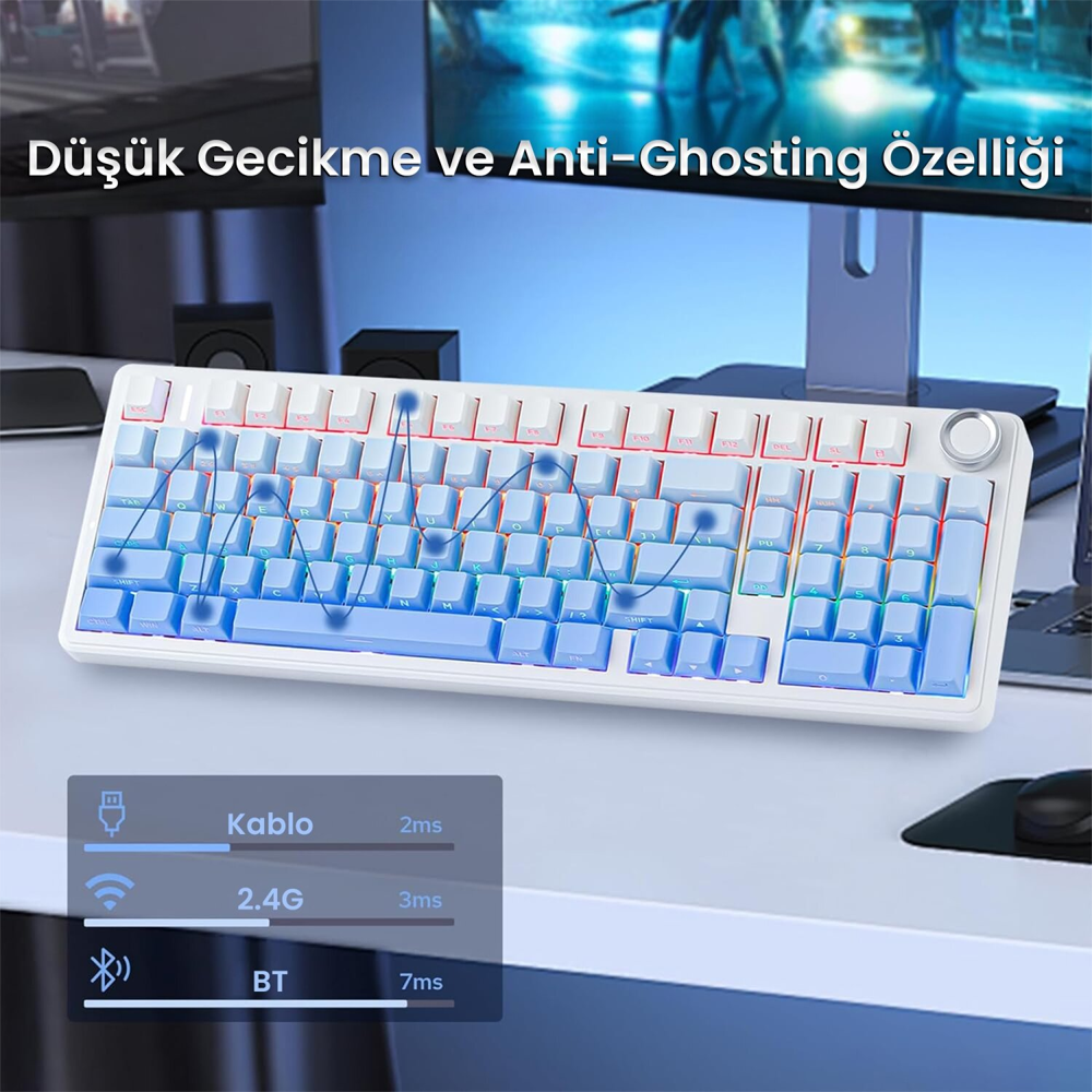 Aula F99 Pro 3 Modlu Nimbus V3 Switch RGB Hot Swap Gradyan Mavi Mekanik Kablosuz Gaming Klavye