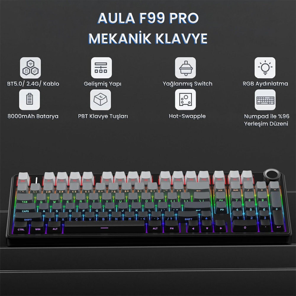 Aula F99 Pro 3 Modlu RGB Hot Swap Mekanik Nimbus V3 Switch Gri Kablosuz Gaming Klavye