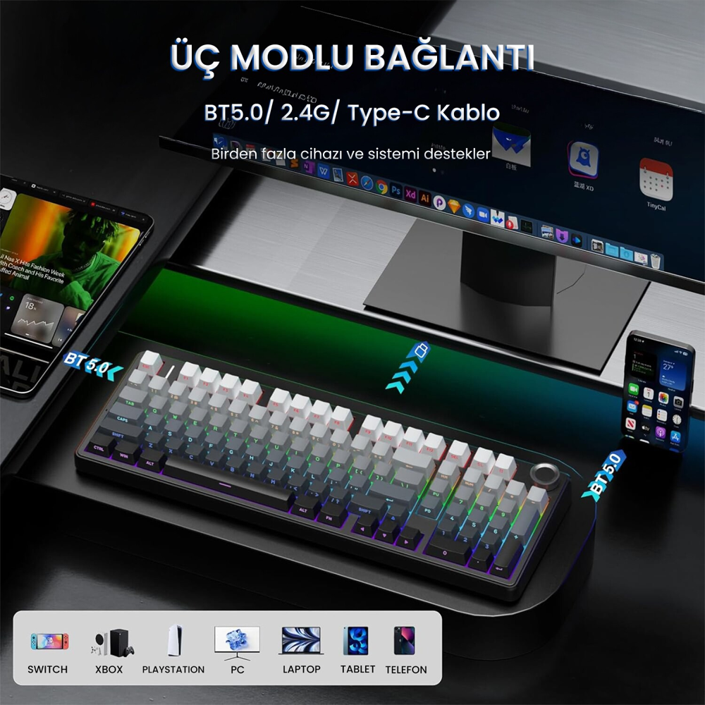 Aula F99 Pro 3 Modlu RGB Hot Swap Mekanik Nimbus V3 Switch Gri Kablosuz Gaming Klavye