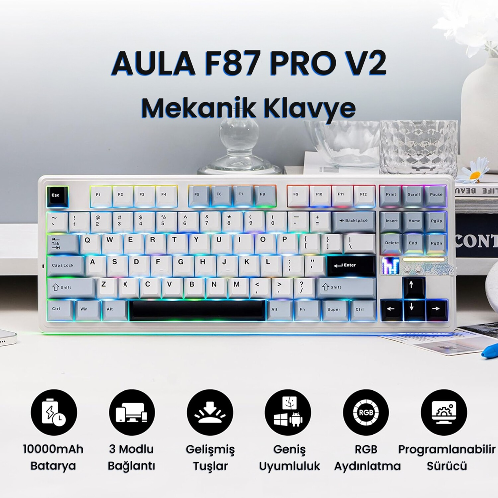Aula F87 Pro V2 RGB Mekanik TKL Star Vector Switch Lacivert Kablosuz Gaming Klavye