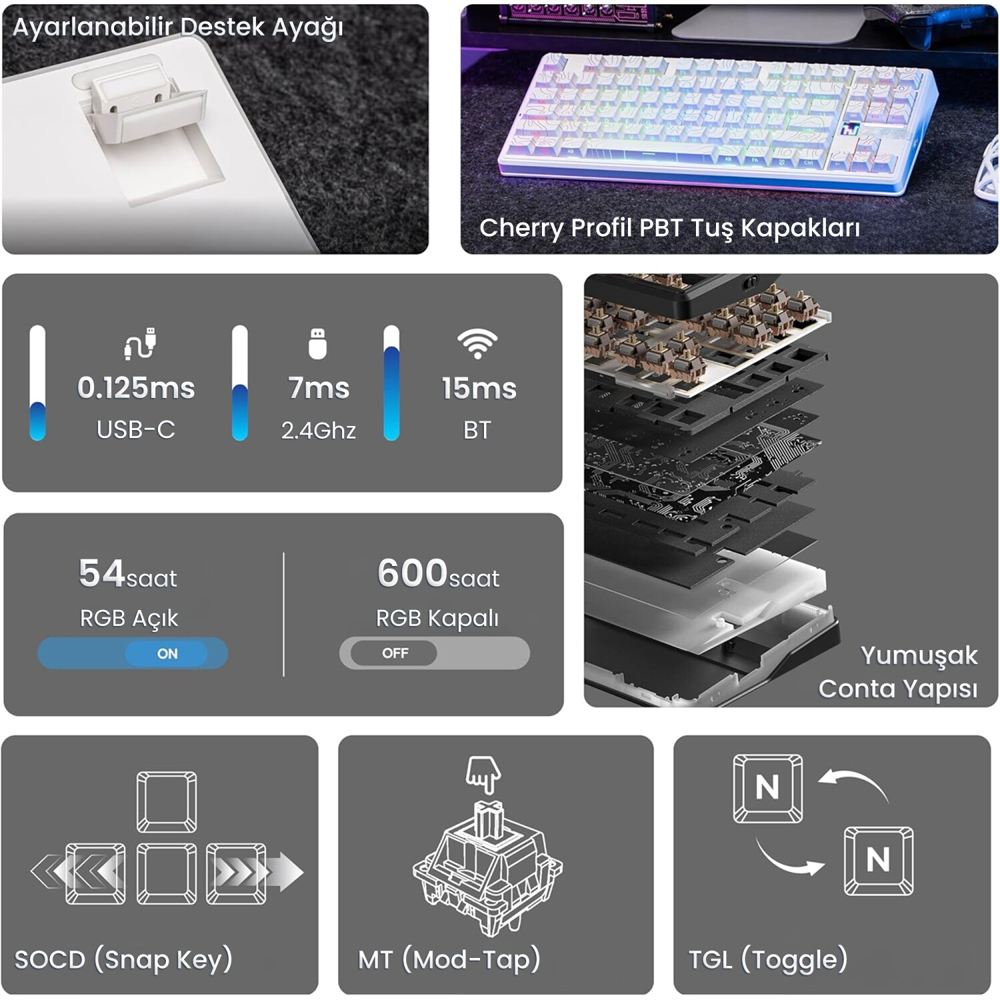 Aula F87 Pro V2 RGB Mekanik TKL Star Vector Switch Beyaz Kablosuz ...