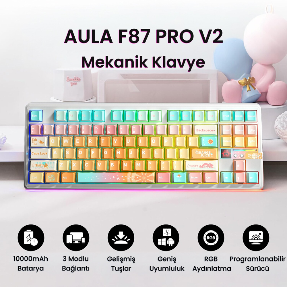 Aula F87 Pro V2 RGB Mekanik TKL Meteor İce Cream Switch Turuncu Kablosuz Gaming Klavye