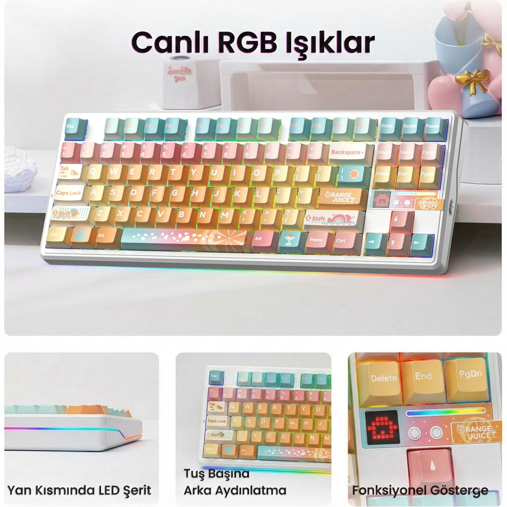 Aula F87 Pro V2 RGB Mekanik TKL Meteor İce Cream Switch Turuncu Kablosuz Gaming Klavye