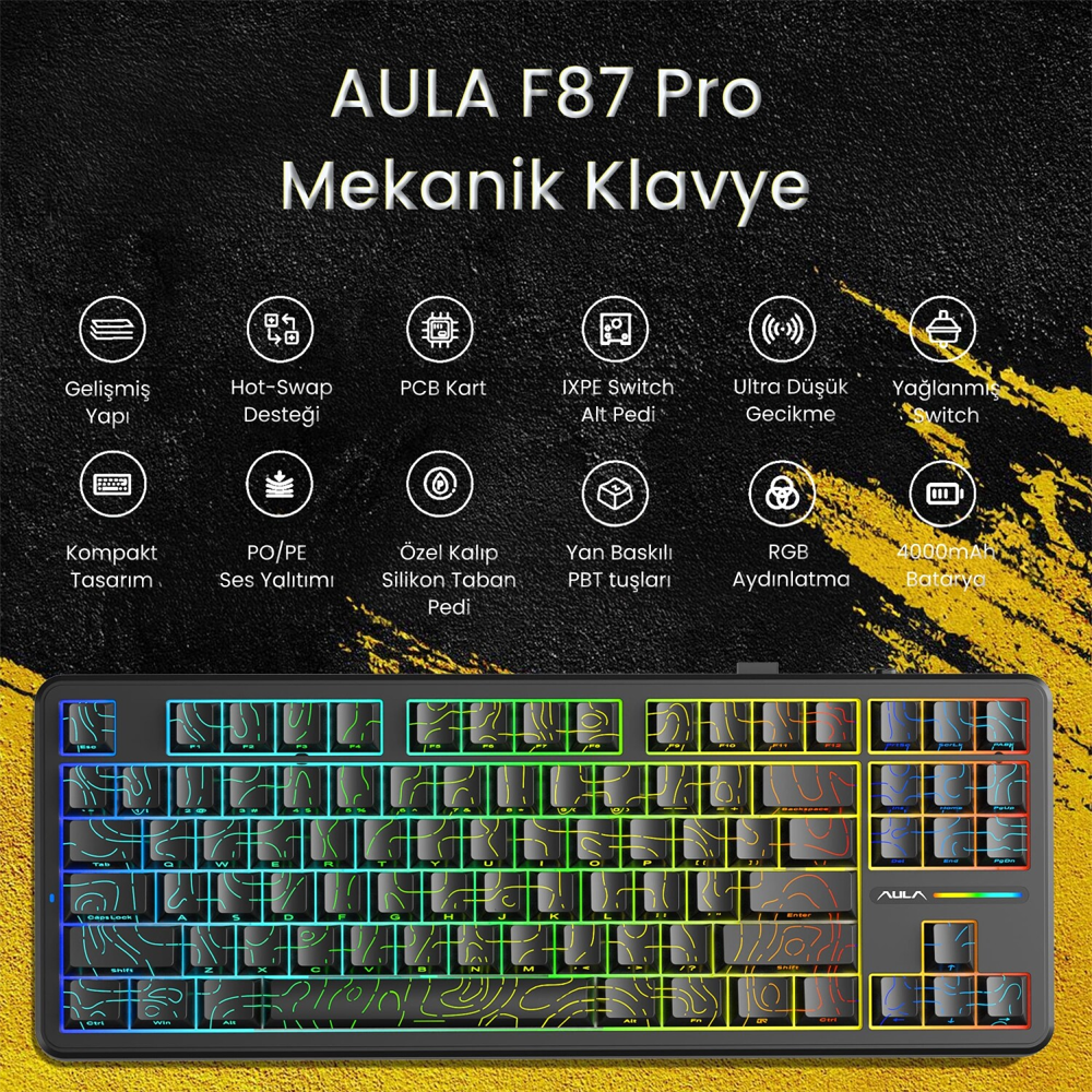 Aula F87 Pro RGB Hot Swap Mekanik TKL Kayhua İntelligent Switch Siyah Kablosuz Gaming Klavye