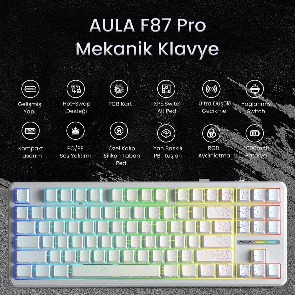 Aula F87 Pro RGB Hot Swap Mekanik TKL Kayhua İntelligent Switch Beyaz Kablosuz Gaming Klavye