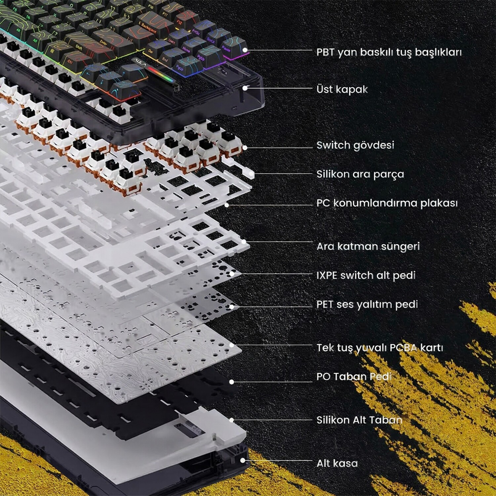 Aula F87 Pro RGB Hot Swap Mekanik TKL Kayhua İntelligent Switch Siyah Kablosuz Gaming Klavye