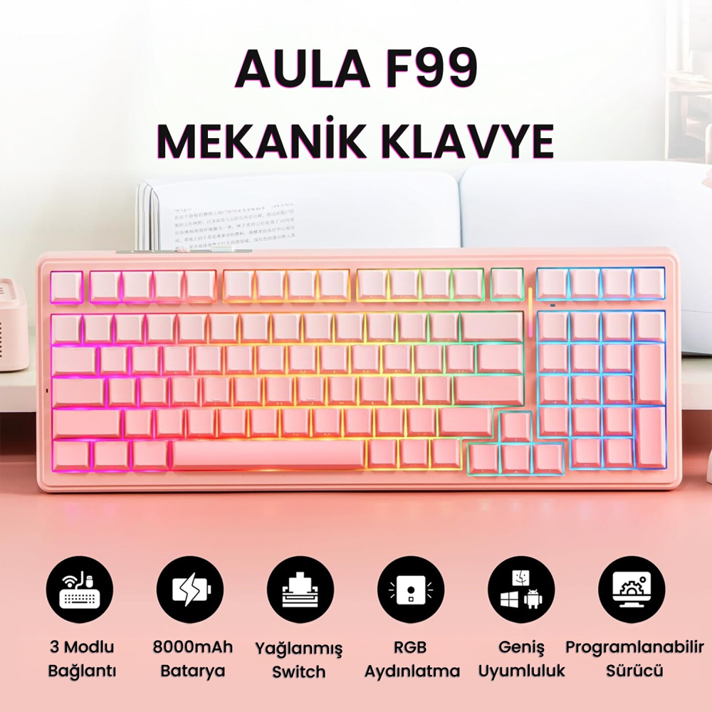 Aula F99 RGB Hot Swap Mekanik Dream Sakura Switch Pembe Kablosuz Gaming Klavye