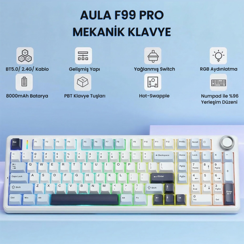 Aula F99 Pro 3 Modlu RGB Hot Swap Mekanik Star Vector Switch Lacivert Kablosuz Gaming Klavye