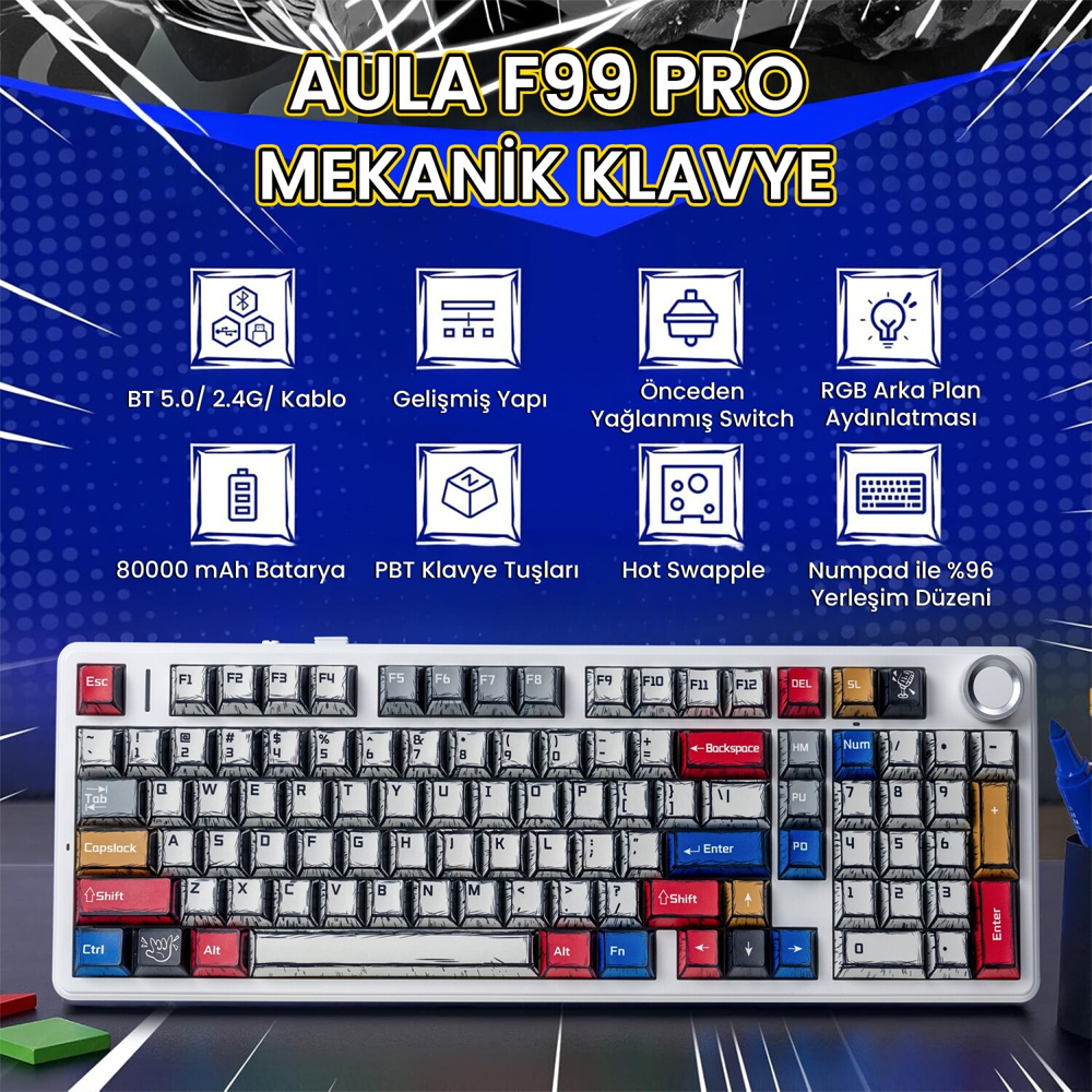 Aula F99 Pro 3 Modlu RGB Hot Swap Mekanik Star Vector Switch Comic Kablosuz Gaming Klavye