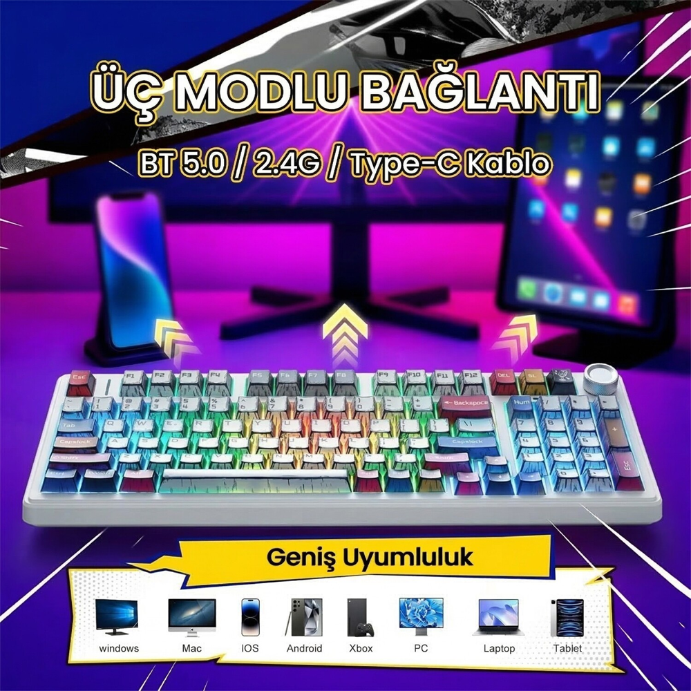 Aula F99 Pro 3 Modlu RGB Hot Swap Mekanik Star Vector Switch Comic Kablosuz Gaming Klavye