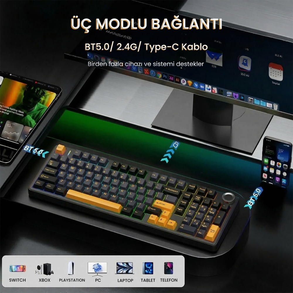 Aula F99 Pro 3 Modlu RGB Hot Swap Mekanik Star Vector Switch Siyah Kablosuz Gaming Klavye