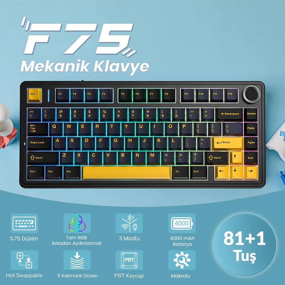  Aula F75 Crescent Switch Hot Swap TKL RGB Siyah Kablosuz Mekanik Gaming Klavye