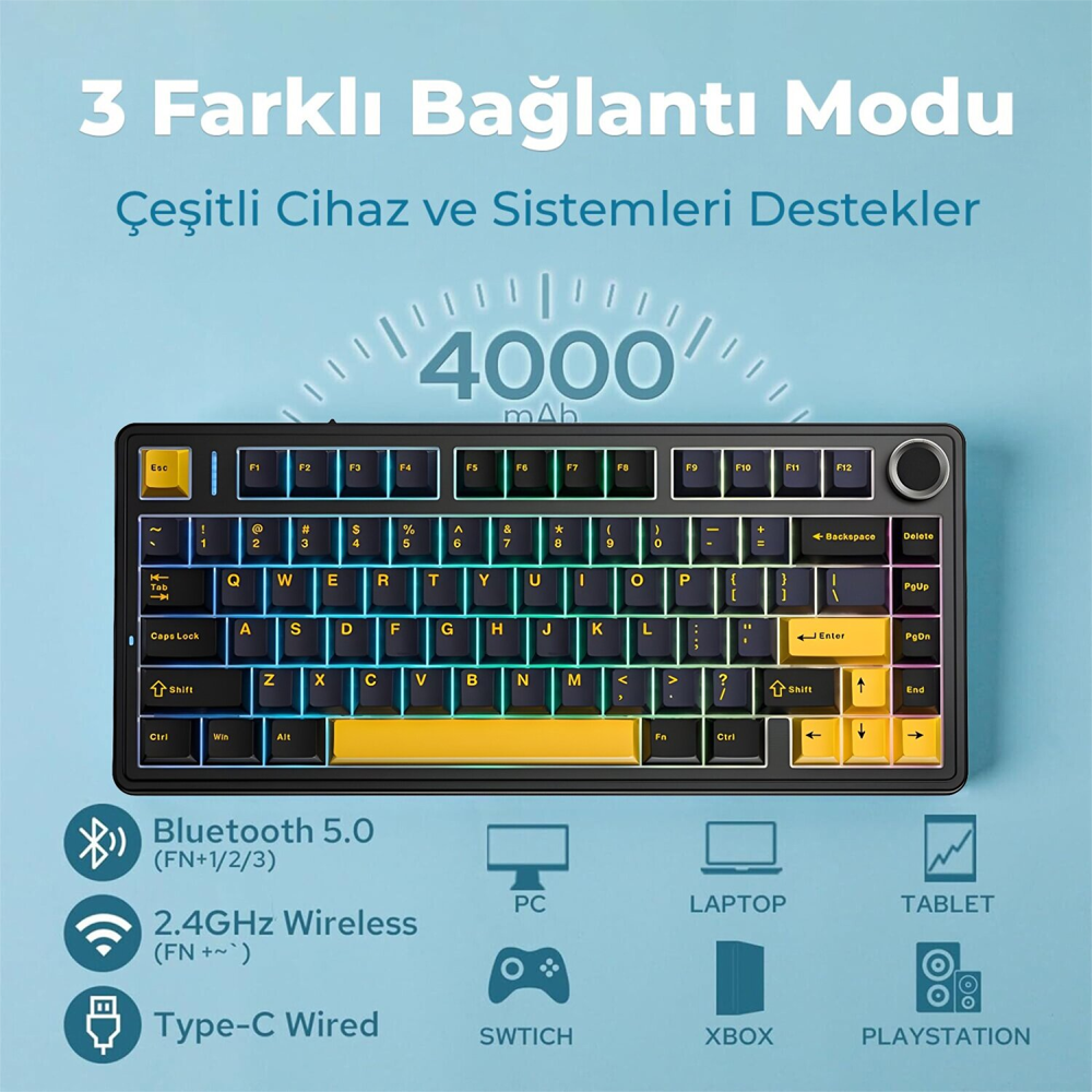  Aula F75 Crescent Switch Hot Swap TKL RGB Siyah Kablosuz Mekanik Gaming Klavye