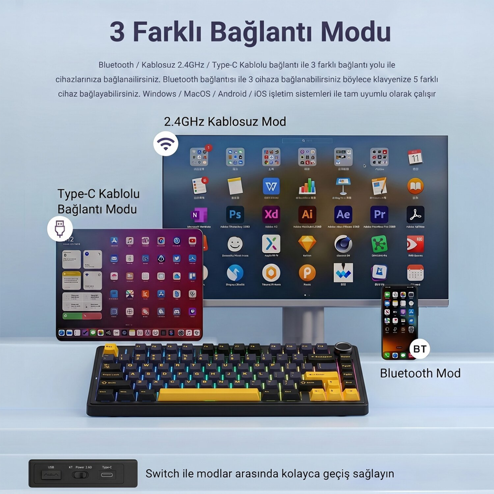  Aula F75 Crescent Switch Hot Swap TKL RGB Siyah Kablosuz Mekanik Gaming Klavye