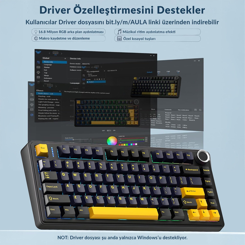  Aula F75 Crescent Switch Hot Swap TKL RGB Siyah Kablosuz Mekanik Gaming Klavye