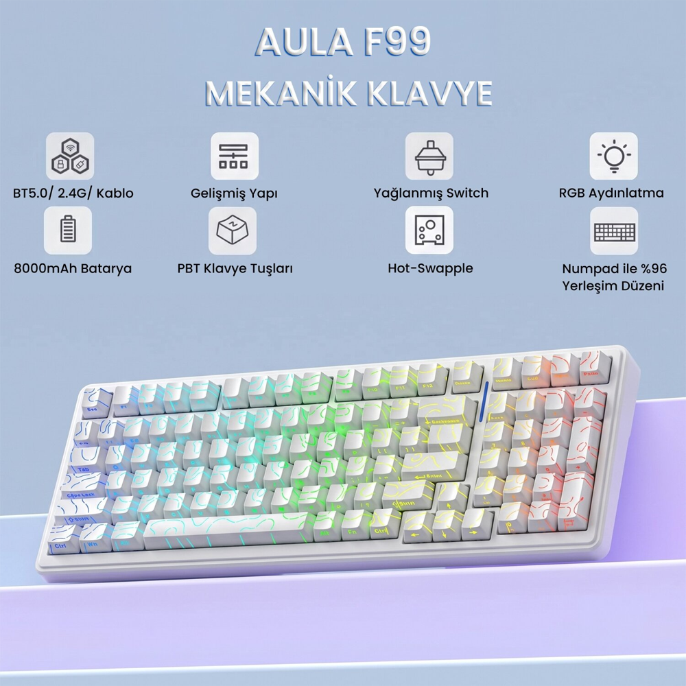 Aula F99 Star Vector Switch Hot Swap RGB Desenli Beyaz Kablosuz Mekanik Gaming Klavye