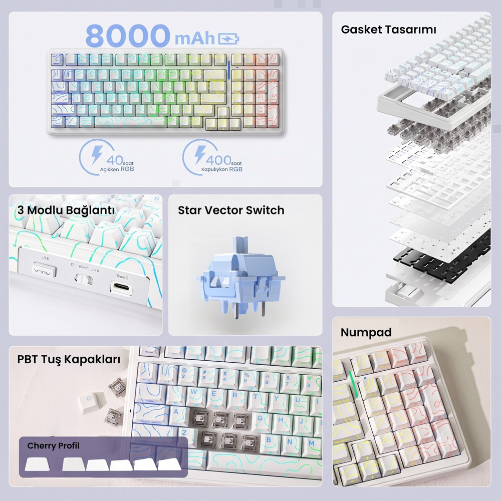 Aula F99 Star Vector Switch Hot Swap RGB Desenli Beyaz Kablosuz Mekanik Gaming Klavye