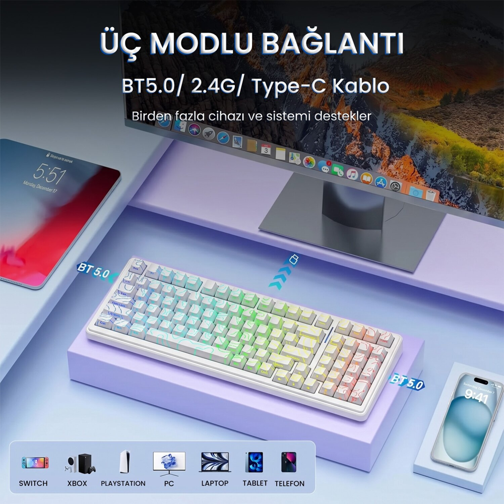 Aula F99 Star Vector Switch Hot Swap RGB Desenli Beyaz Kablosuz Mekanik Gaming Klavye