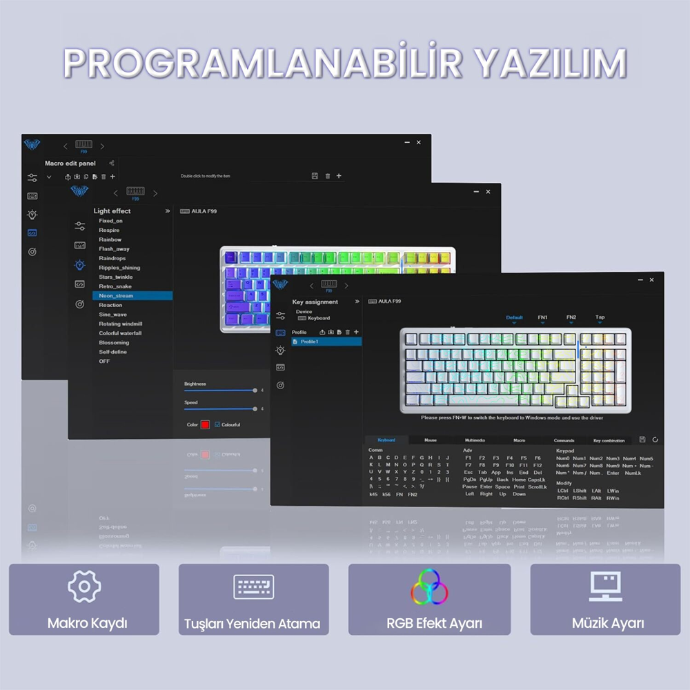 Aula F99 Star Vector Switch Hot Swap RGB Desenli Beyaz Kablosuz Mekanik Gaming Klavye