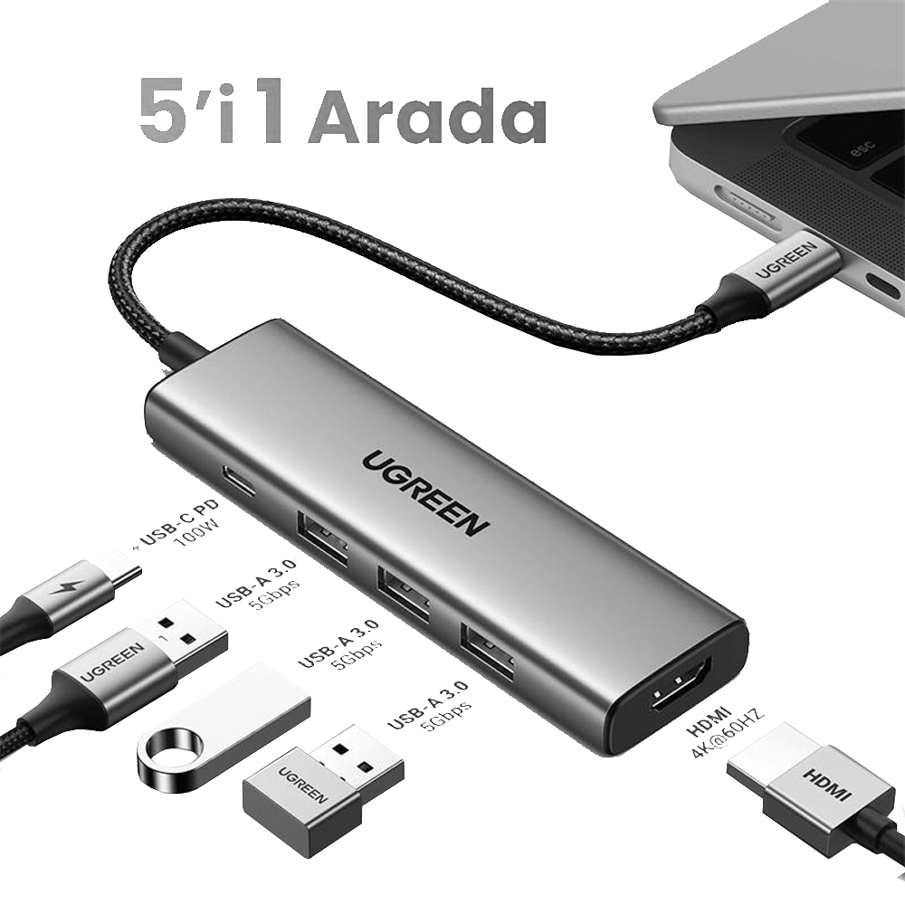 UGREEN 5-in-1 Type-C 100W PD 4K HDMI Gri Hub Çoklayıcı