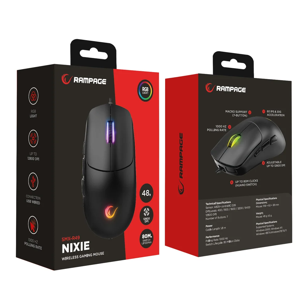 Rampage SMX-R49 NIXIE 12800DPI RGB Kablolu Siyah Gaming Mouse