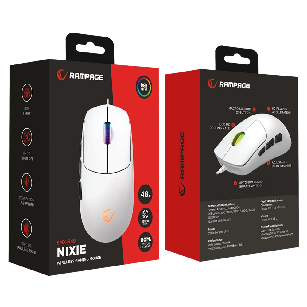 Rampage SMX-R49 NIXIE 12800DPI RGB Kablolu Beyaz Gaming Mouse