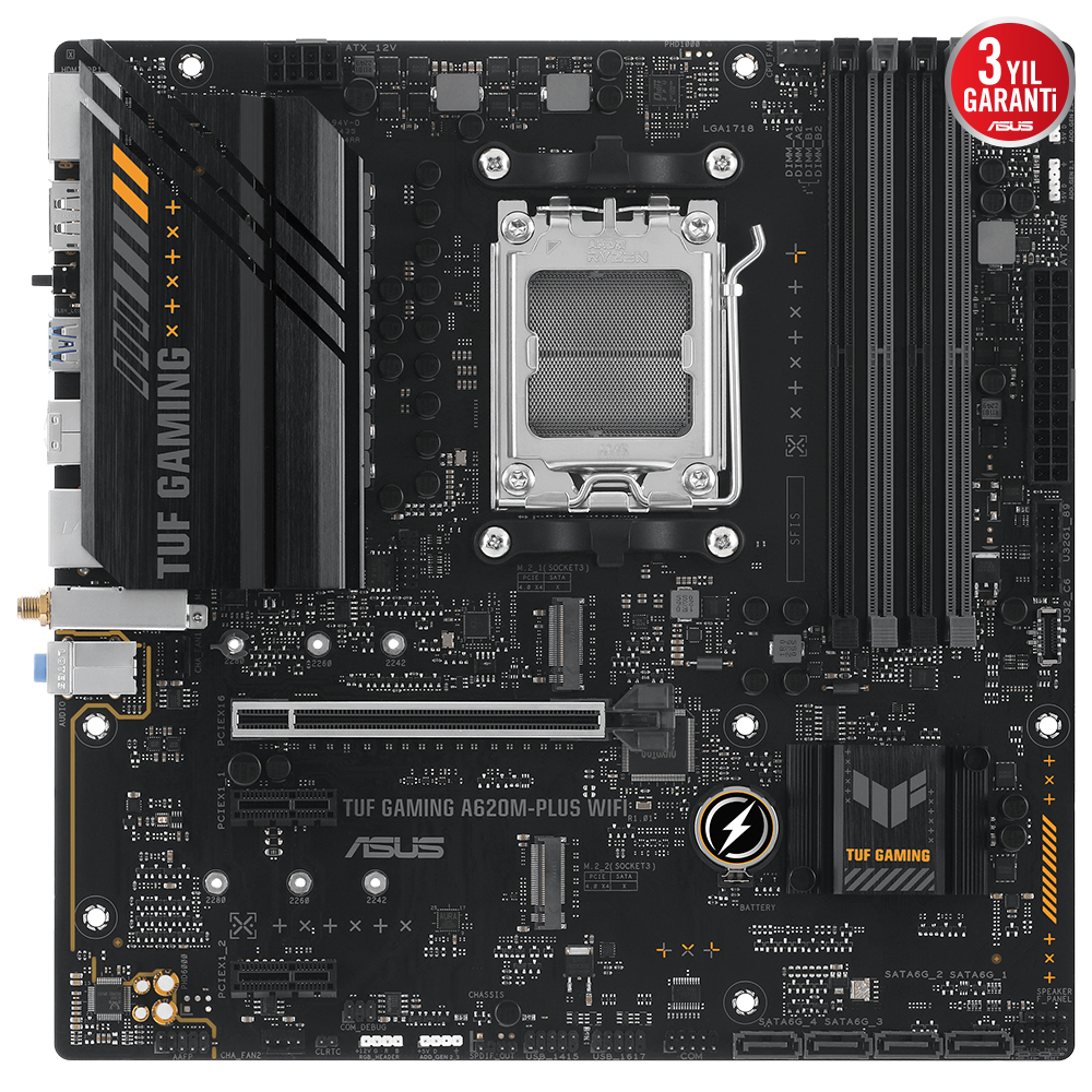 ASUS TUF GAMING A620M-PLUS WIFI 6400MHz OC DDR5 Soket AM5 M.2 HDMI VGA mATX Anakart