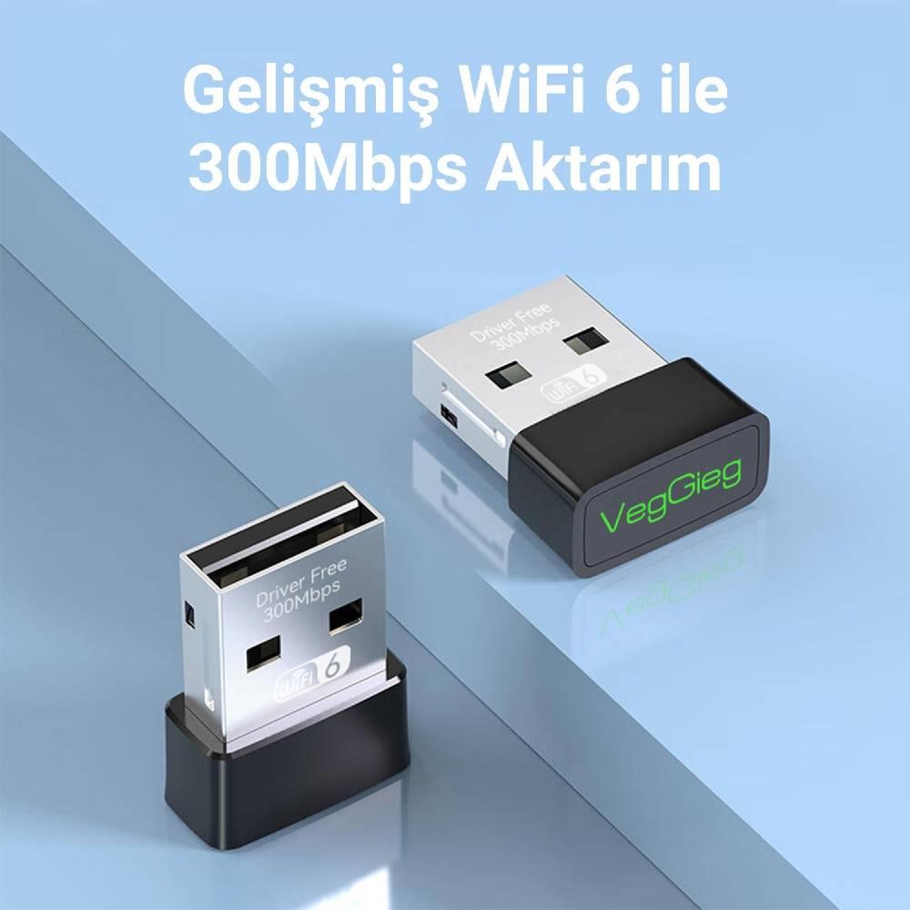 VegGieg 300 Mbps Wifi 6 Çift Bant Kablosuz Alıcı Verici Nano USB Adaptör