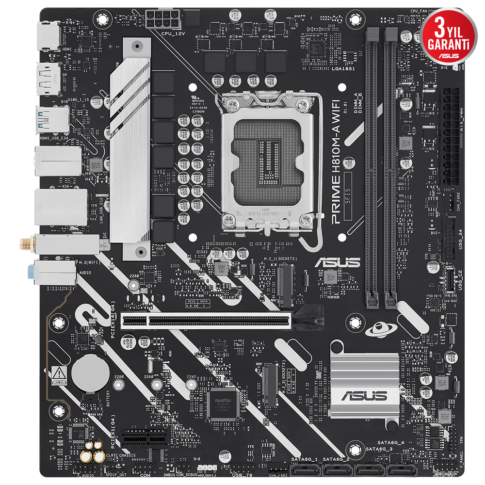 ASUS PRIME H810M-A WIFI 6400MHz OC DDR5 Soket 1851 M.2 USB-C HDMI DP mATX Anakart
