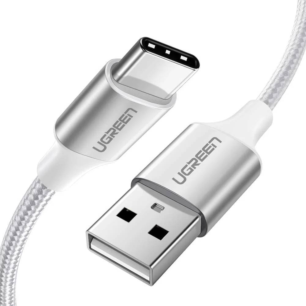 UGREEN Type-C to USB-A 3A QC 2 Metre Gümüş Beyazı Örgülü Hızlı Şarj Kablosu