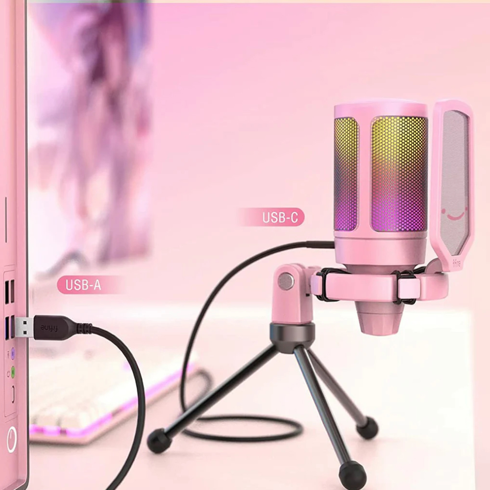 Fifine Ampligame A6V RGB USB Pembe Gaming Mikrofon