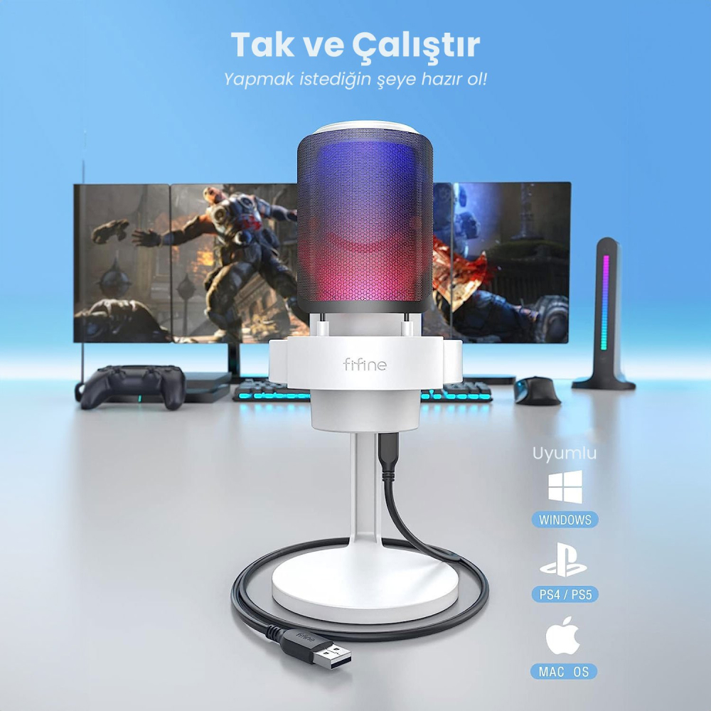 Fifine Ampligame A8 USB Yayıncı Beyaz Gaming Mikrofon